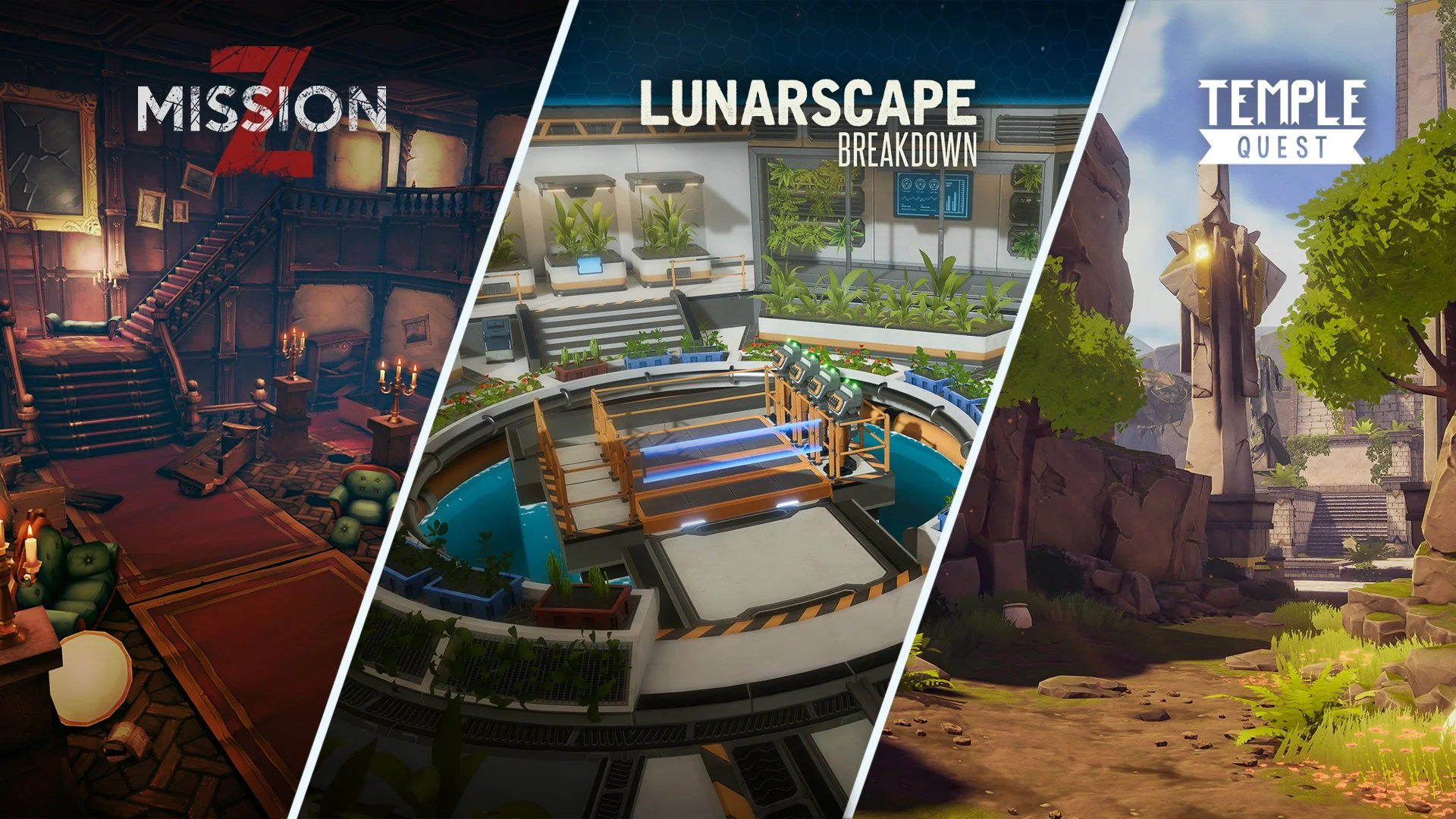 A promotional graphic for a video game with three sections: the left shows a dimly lit mansion interior with vintage furniture, the middle features a futuristic laboratory with plants, and the right depicts an ancient ruin with stone structures and greenery.