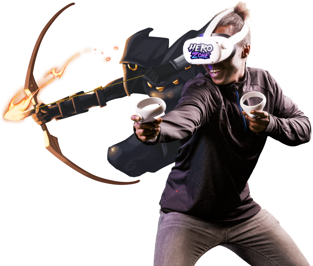 A young man wearing a VR headset labelled 'Hero Zone' is playing a virtual reality game with a toy gun in his right hand and a ring-shaped controller in his left hand. There is a digital dragon holding a flaming sword flying behind him.