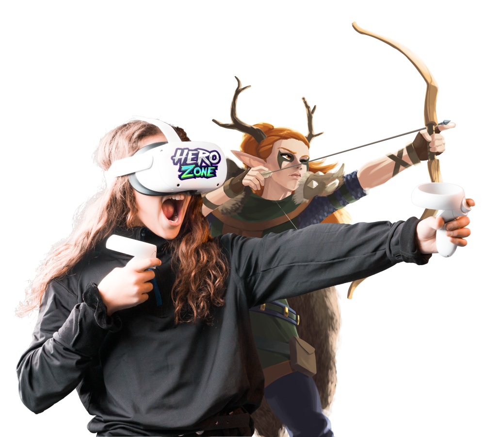 Young woman with long curly hair wearing a VR headset labeled HERO ZONE holding a game controller, and a fantasy elf archer character with antlers aiming a bow behind her.