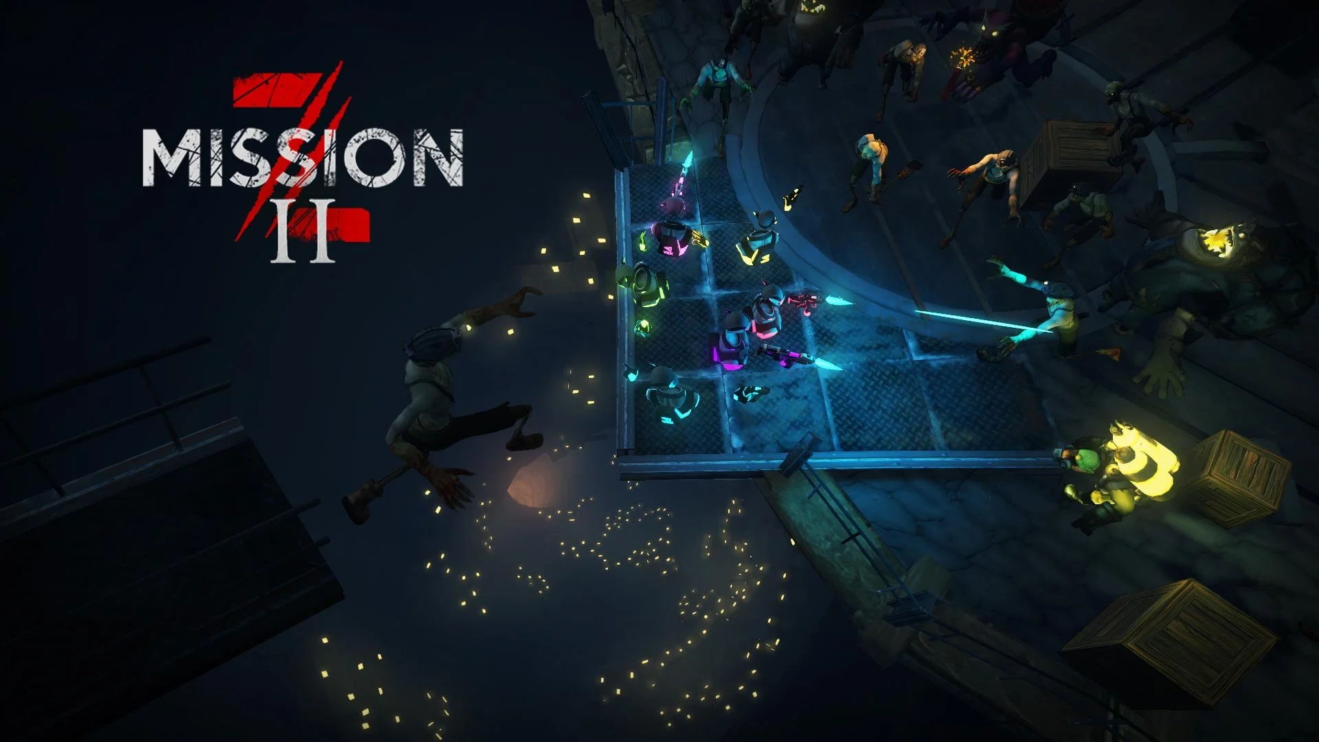 A screenshot from the video game 'Mission 2' showing a rooftop with soldiers and zombies engaged in combat at night, with the game's title in the top left corner VR zombie shooter