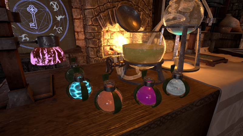 Mystical alchemy set with glowing colourful potion bottles on a wooden table in a medieval-style room with a brick fireplace. Dragon Tower VR Escape Room