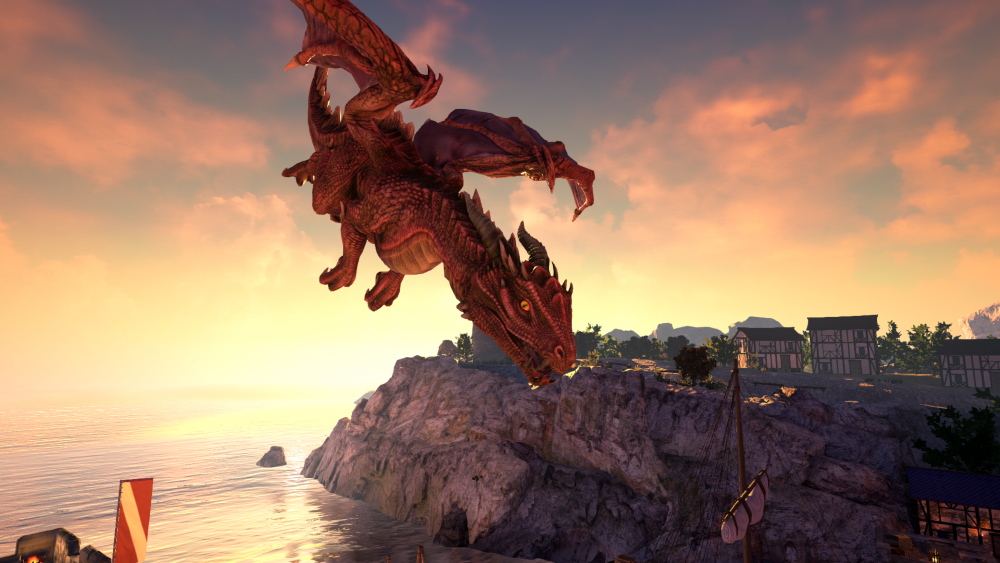 A large red dragon flying over a rocky coastline at sunset, near small buildings and trees. Dragon Tower VR Escape Room
