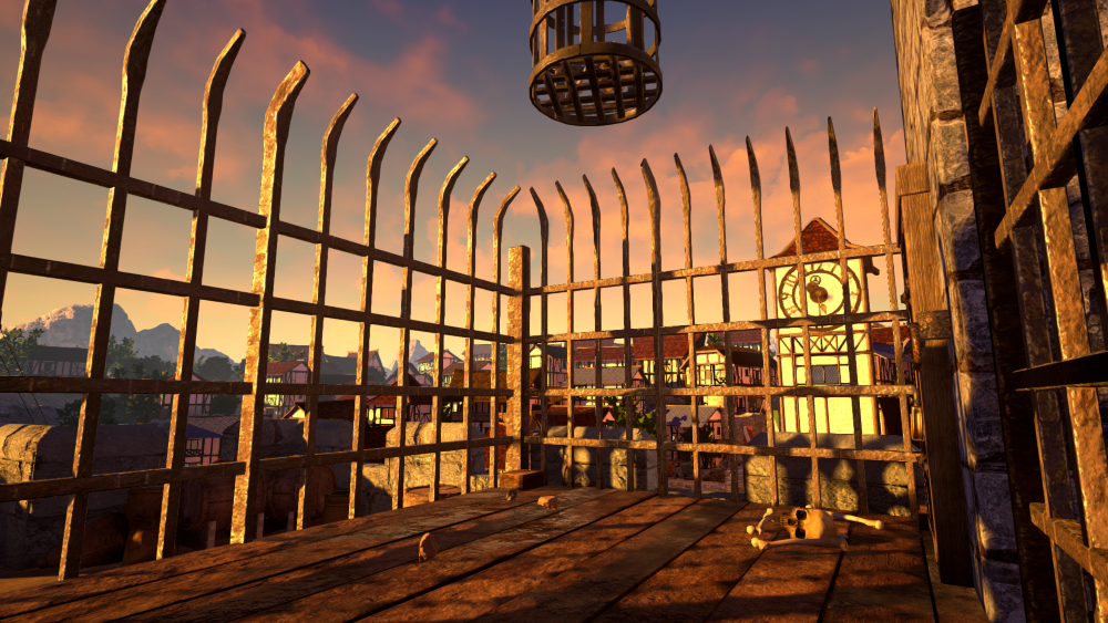 View from a castle tower with rusty metal bars, looking out onto a village at sunset. A cat is lying on the wooden floor of the tower. Dragon Tower VR Escape Room