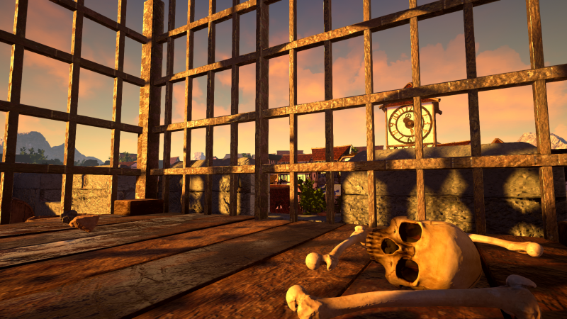 Skeleton skull and bones on wooden floor inside a stone and wood structure with open window bars, overlooking a sunset sky, distant mountains, and a clock outside. Dragon Tower VR Escape Room