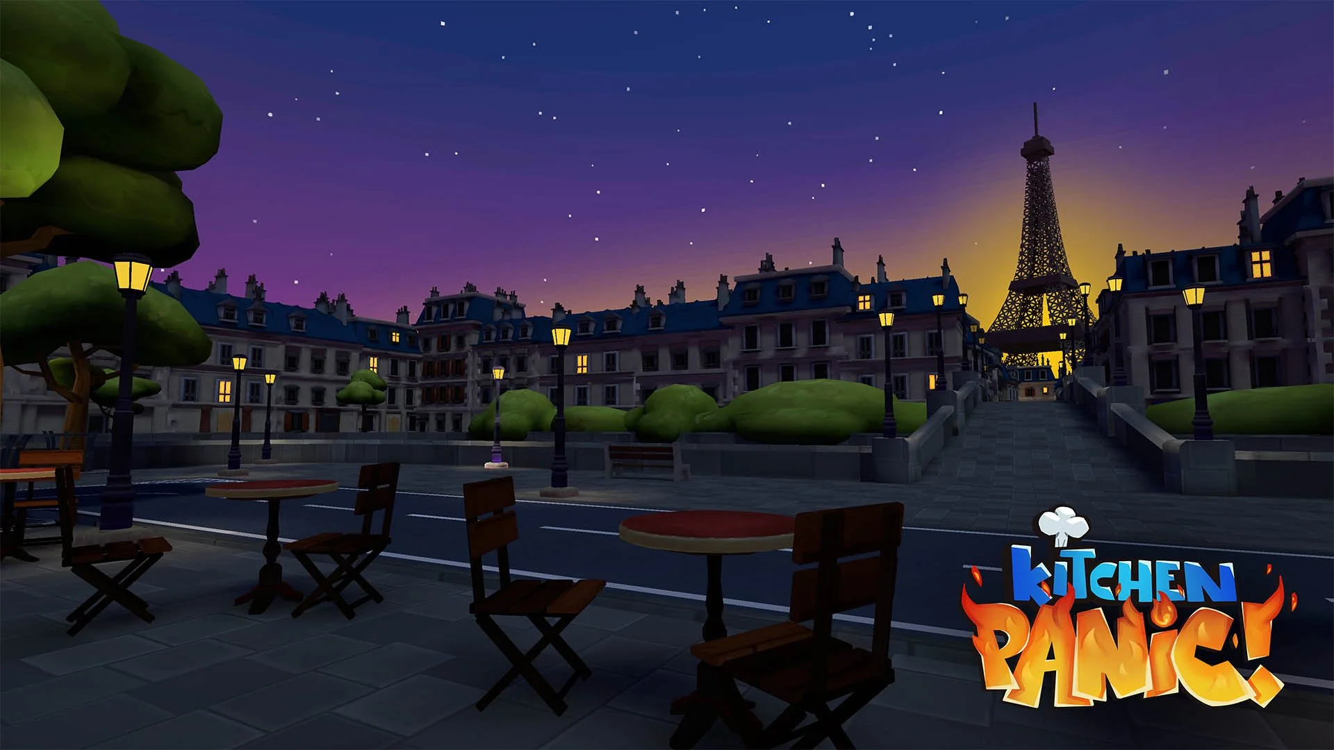 Sunset view of Paris with the Eiffel Tower in the background, outdoor seating and street lamps in the foreground, and a logo reading 'Kitchen Panic!' in colourful letters at the bottom right corner.  VR Cooking game