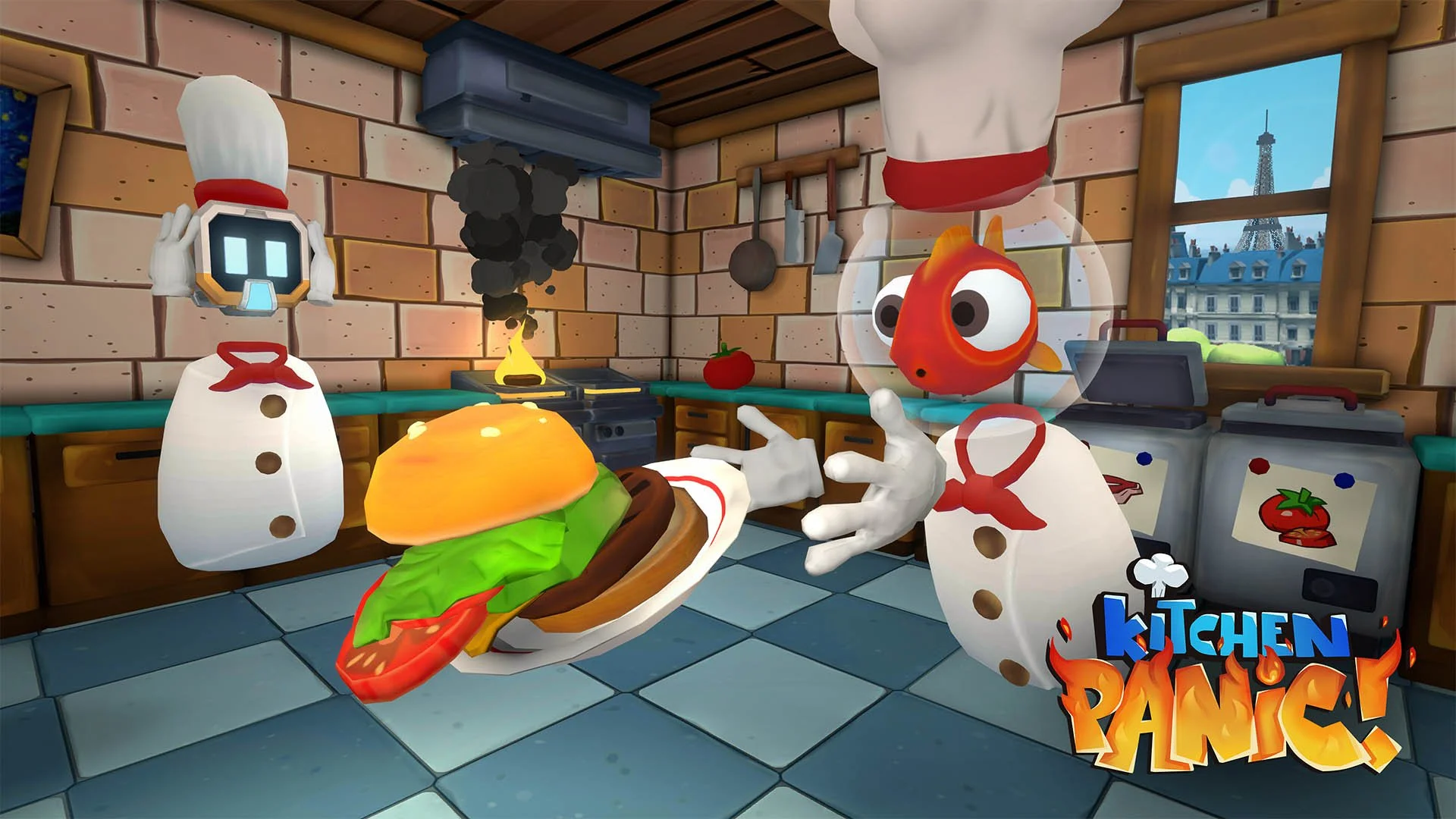 Animated chef robot and fish in a cartoon kitchen. The robot holds a burger with lettuce, tomato, cheese, and a bun. The robot's head is a fish with big eyes, and the robot is wearing a white chef's hat and apron with a red neckerchief. The kitchen h