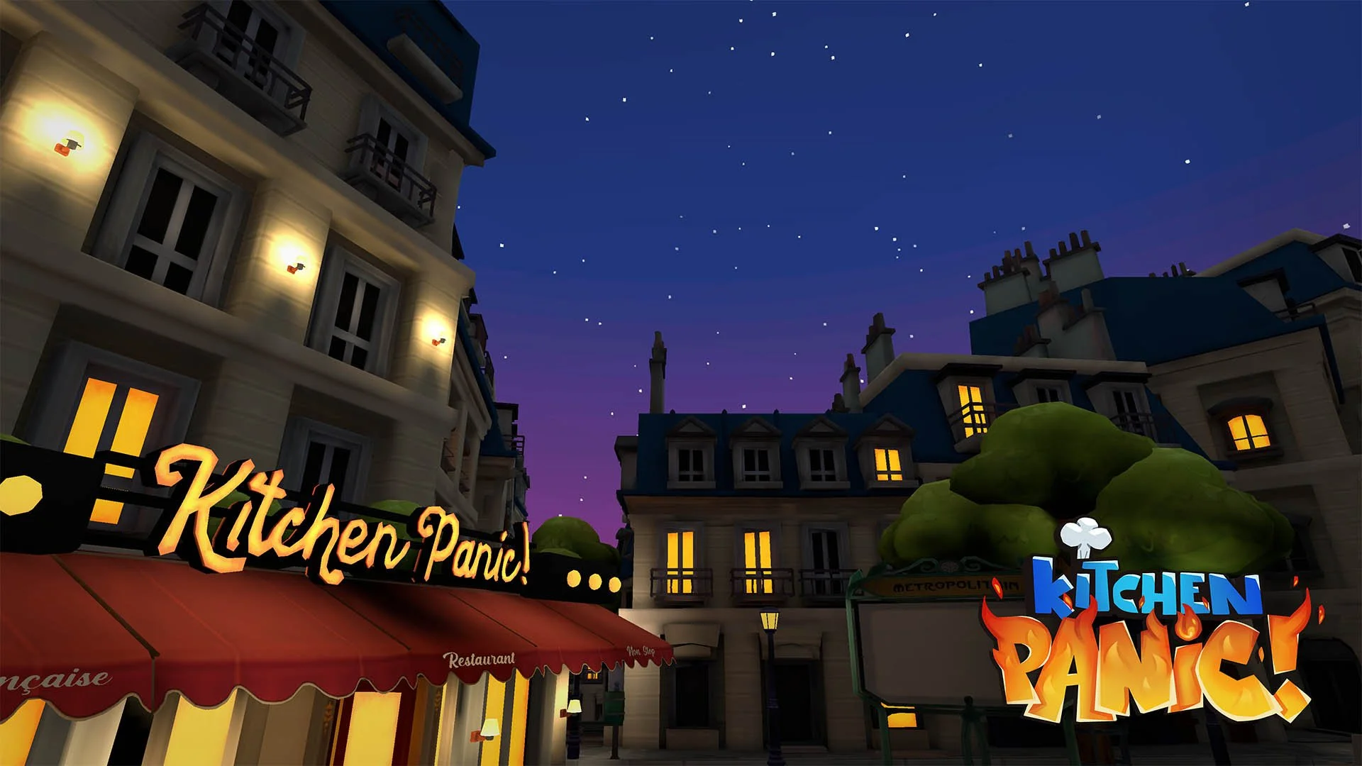 Nighttime city scene with Parisian-style buildings, illuminated windows, street lamps, and a restaurant with a red awning labeled "Restaurant". The sky has stars, and there are two signs for a game called "Kitchen Panic!" with playful, colorful text 