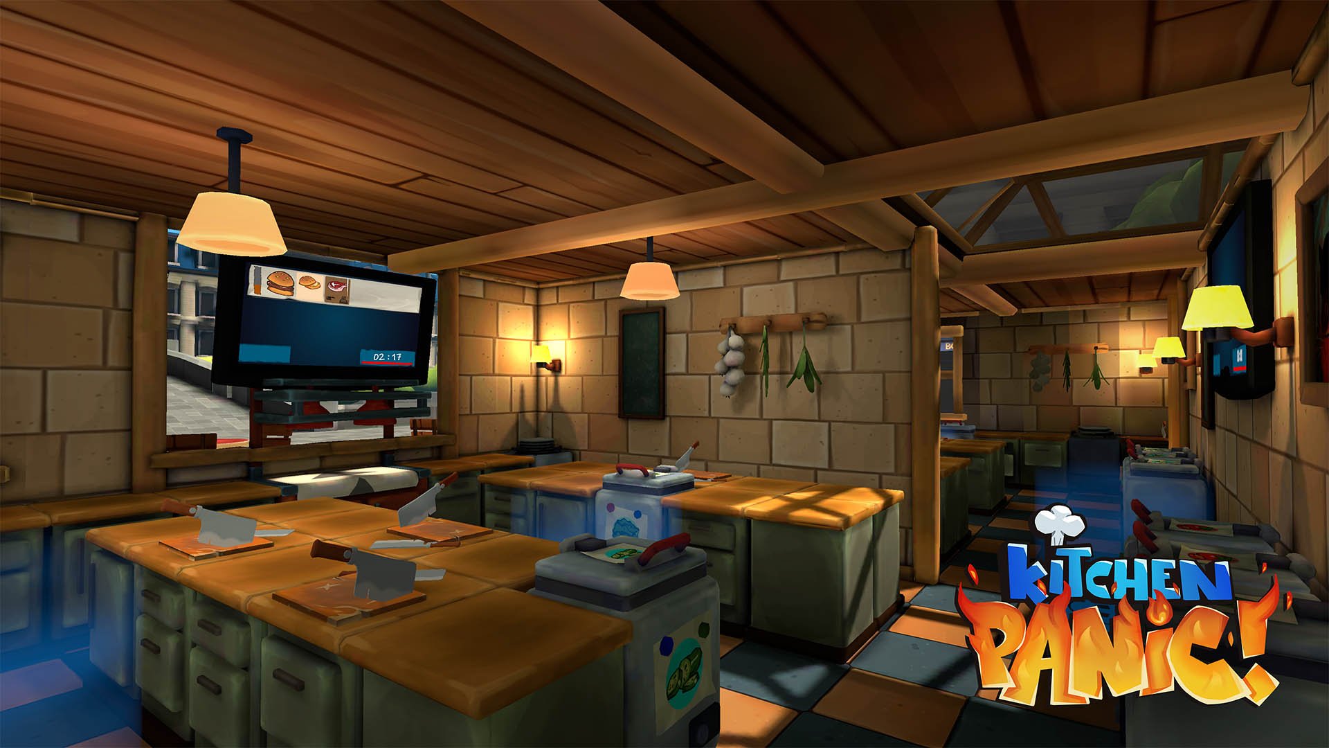 A cozy restaurant kitchen with wooden ceiling, brick walls, and bright yellow wall sconces. Several kitchen counters with butschers and toasters, and a wall with garlic and herbs. A large TV is mounted on a window, showing a game. The logo for 'Kitch