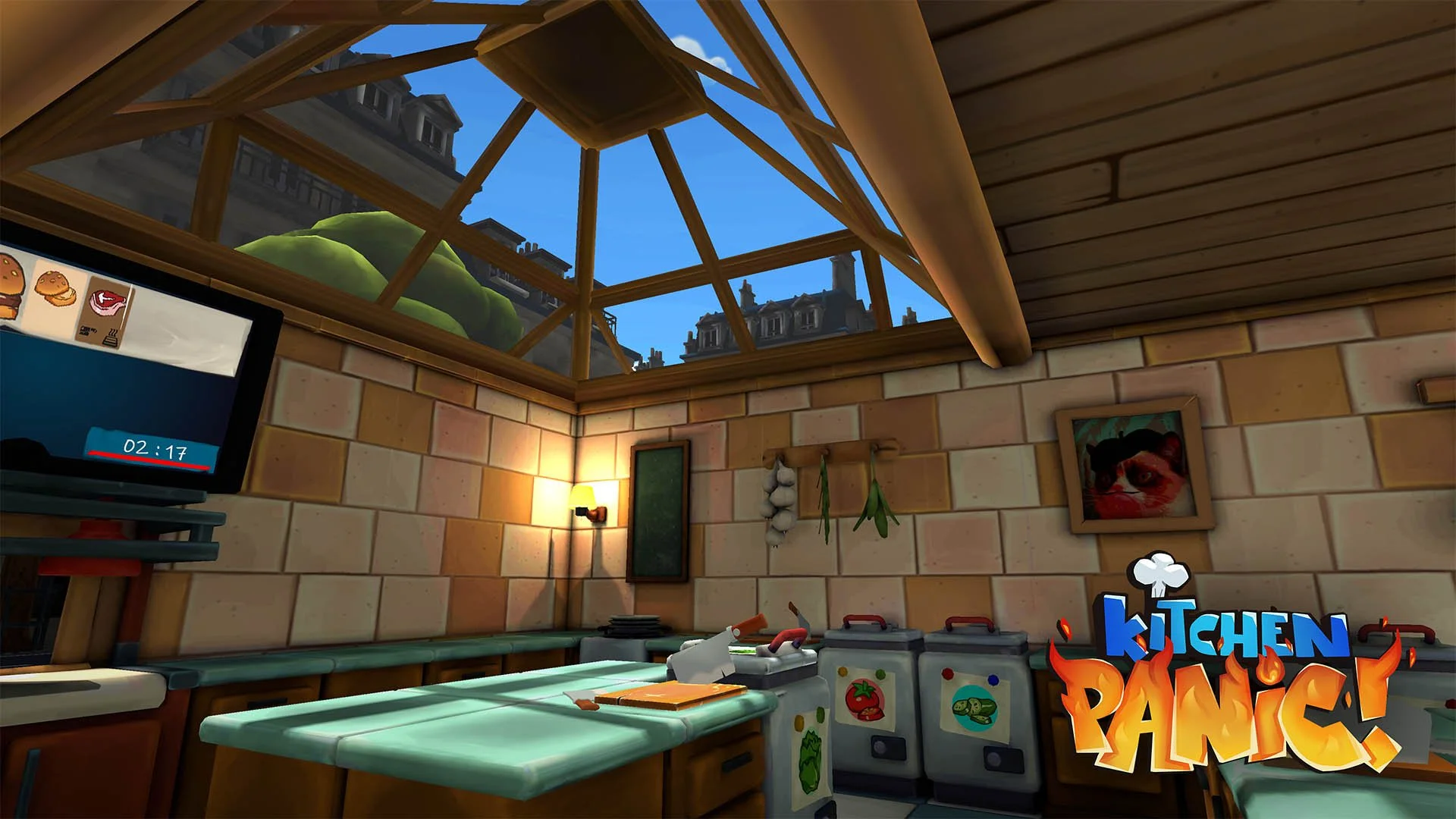 Cartoon-style kitchen with a vaulted glass ceiling showing a blue sky and buildings outside. The kitchen has brick walls, wooden accents, a stovetop, a green countertop, hanging garlic and herbs, a small framed picture of a cat, and a television disp