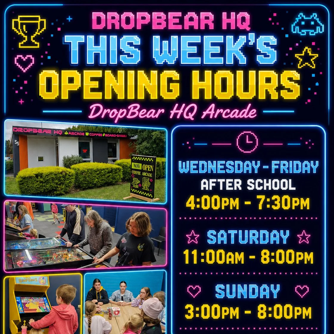 This week at DropBear HQ Arcade

We&rsquo;re open again this week while we continue our soft opening and keep fine-tuning the arcade.

Drop in after school, bring the family, challenge the kids, race your mates, play some pinball, try the arcade mach