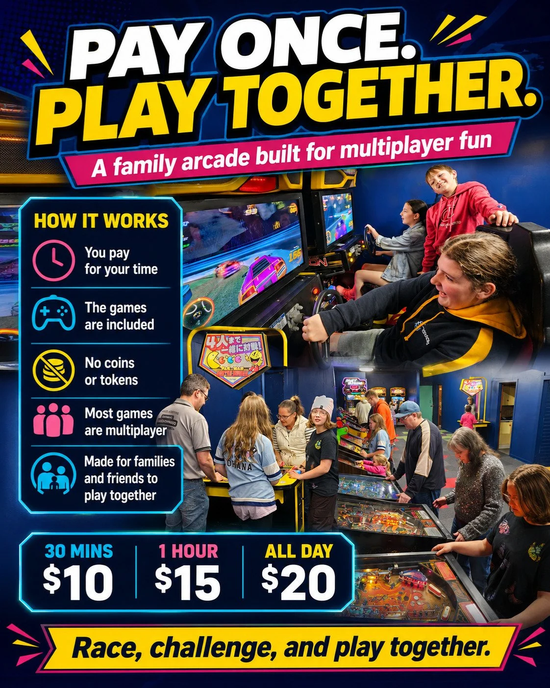 Pay once. Play together.

At DropBear HQ Arcade, you pay for your time and the games are included.

No coins.
No tokens.
No paying machine by machine.

Most of our arcade is built around multiplayer fun, so families and friends can race, challenge, a