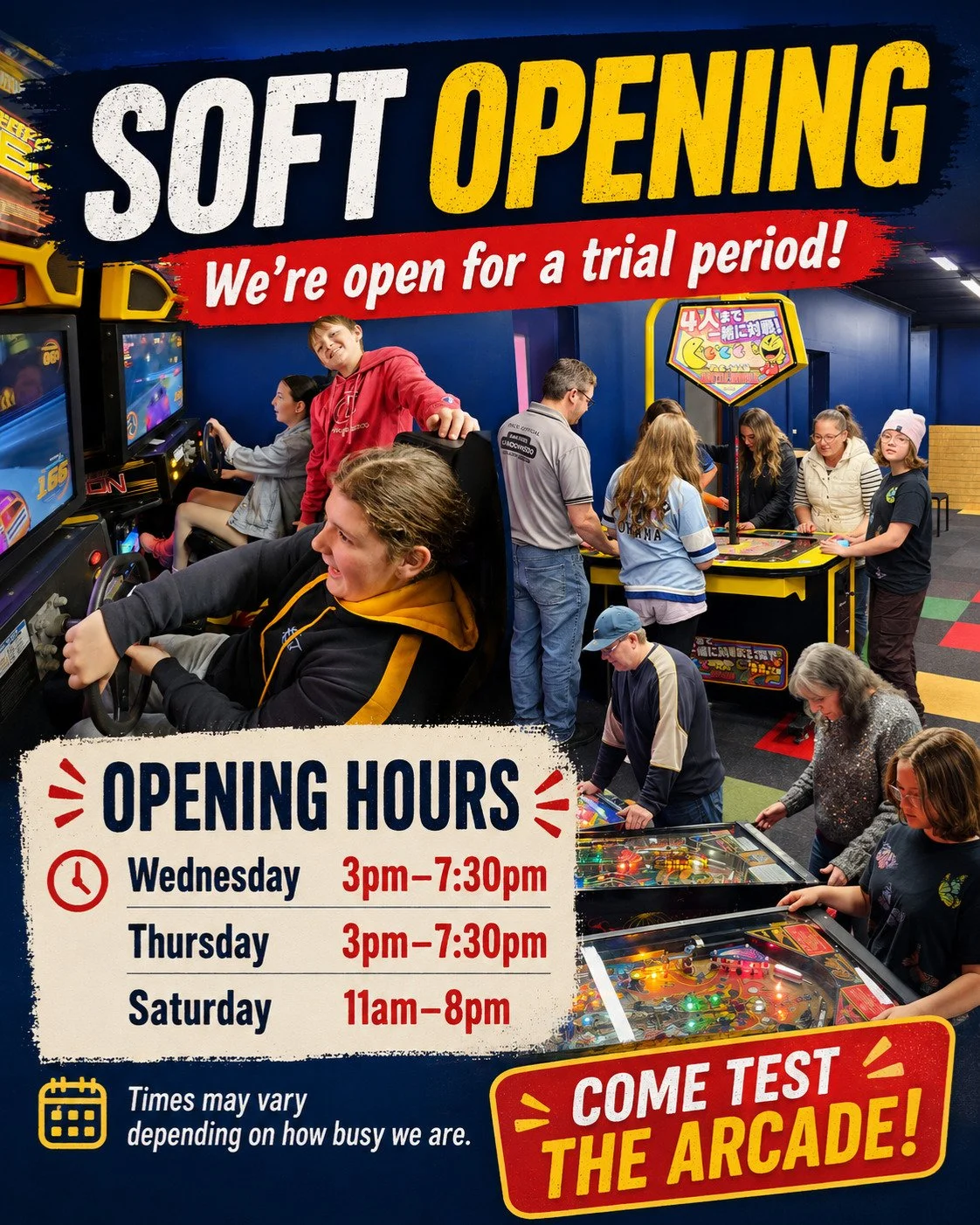We&rsquo;re open this week for a trial run while we test the arcade before our full opening.

Wednesday: 3pm &ndash; 7:30pm
Thursday: 3pm &ndash; 7:30pm
Saturday: 11am &ndash; 8pm

Times may vary depending on how busy we are.

Come test the arcade, p