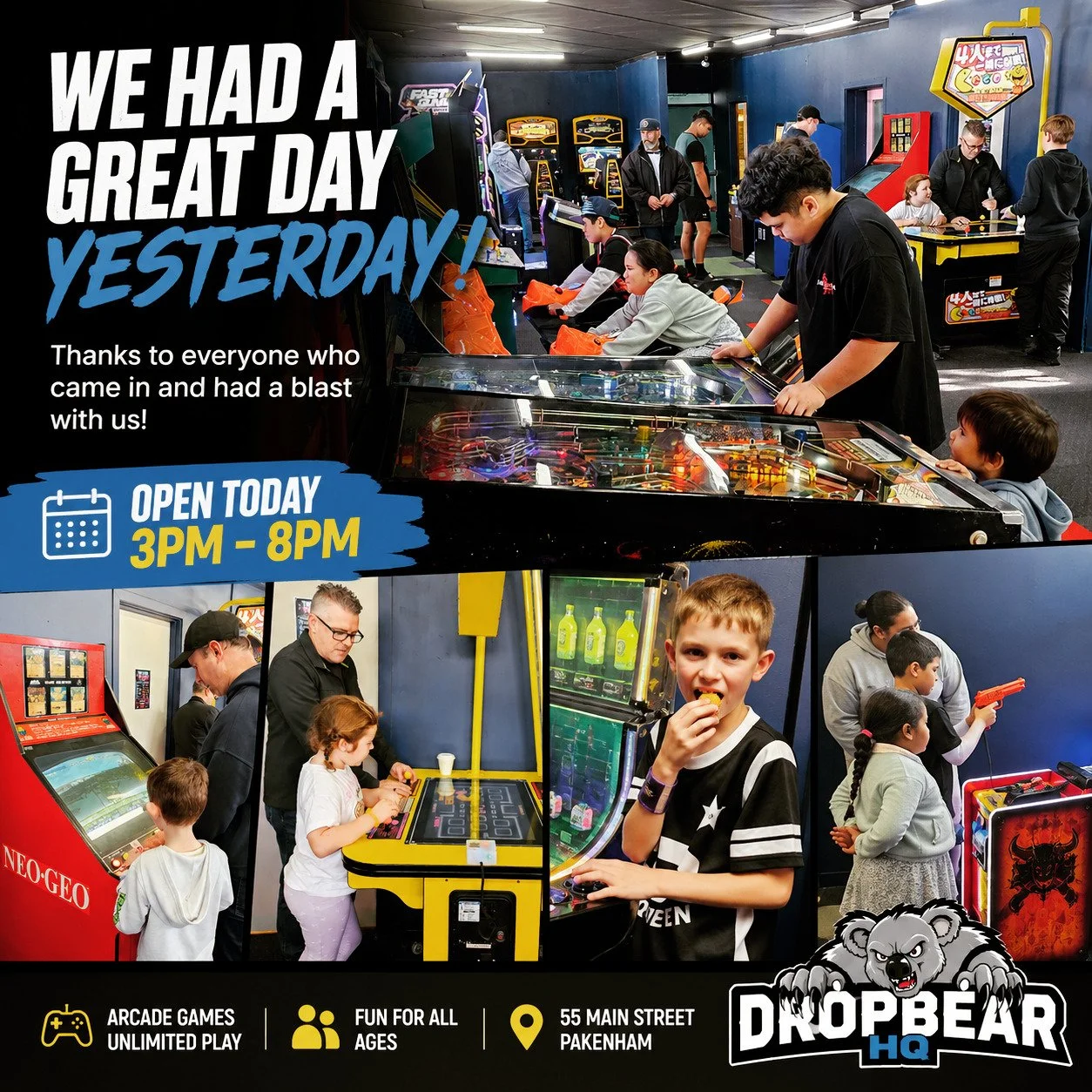 We had a great day yesterday at DropBear HQ! 🎮

It was awesome seeing families and friends enjoying the arcade, pinball, tabletop games and more.

We&rsquo;re open again today from 3pm &ndash; 8pm, so come in, grab a game, challenge someone, and enj
