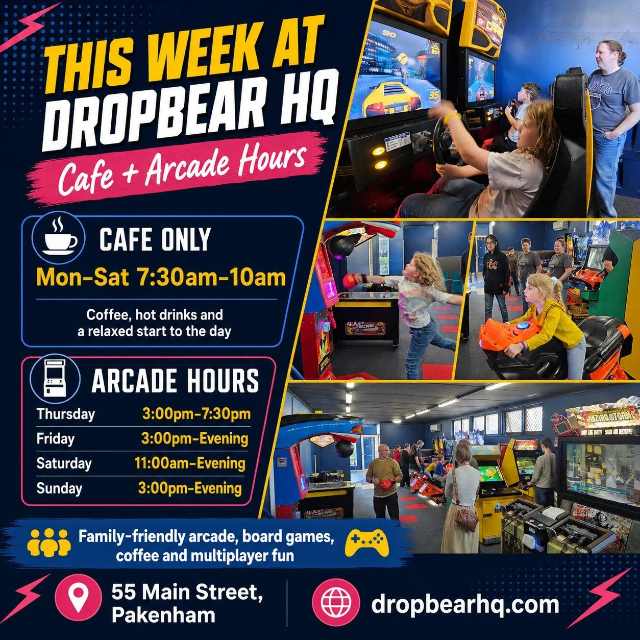 This week at DropBear HQ

We&rsquo;ve got both cafe mornings and arcade sessions running this week.

Start the day with a coffee, then come back later for arcade games, pinball, board games, and multiplayer fun with the family.

Cafe only
Mon&ndash;S