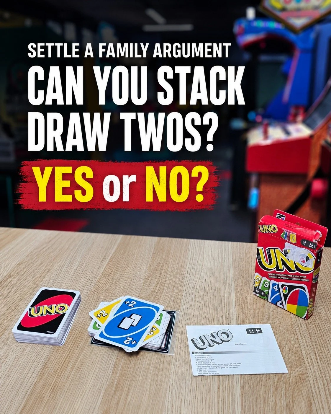 Every family seems to have its own UNO rules&mdash;and every family is convinced theirs are the official ones.

At DropBear HQ, our house rule allows Draw Twos to be stacked. That can turn a harmless little card into a serious problem very quickly.

