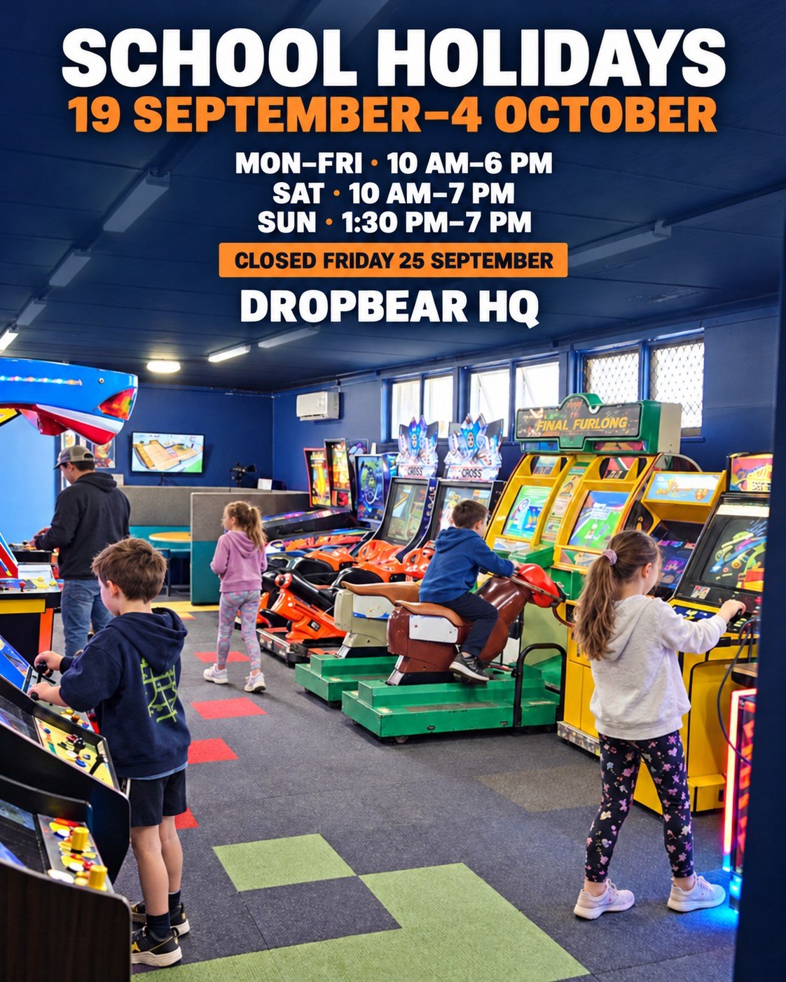 School holidays are here.

DropBear HQ is open with extended hours from **19 September&ndash;4 October**.

🕹️ Monday&ndash;Friday: **10 am&ndash;6 pm**
🕹️ Saturday: **10 am&ndash;7 pm**
🕹️ Sunday: **1:30 pm&ndash;7 pm**

Please note: we will be **