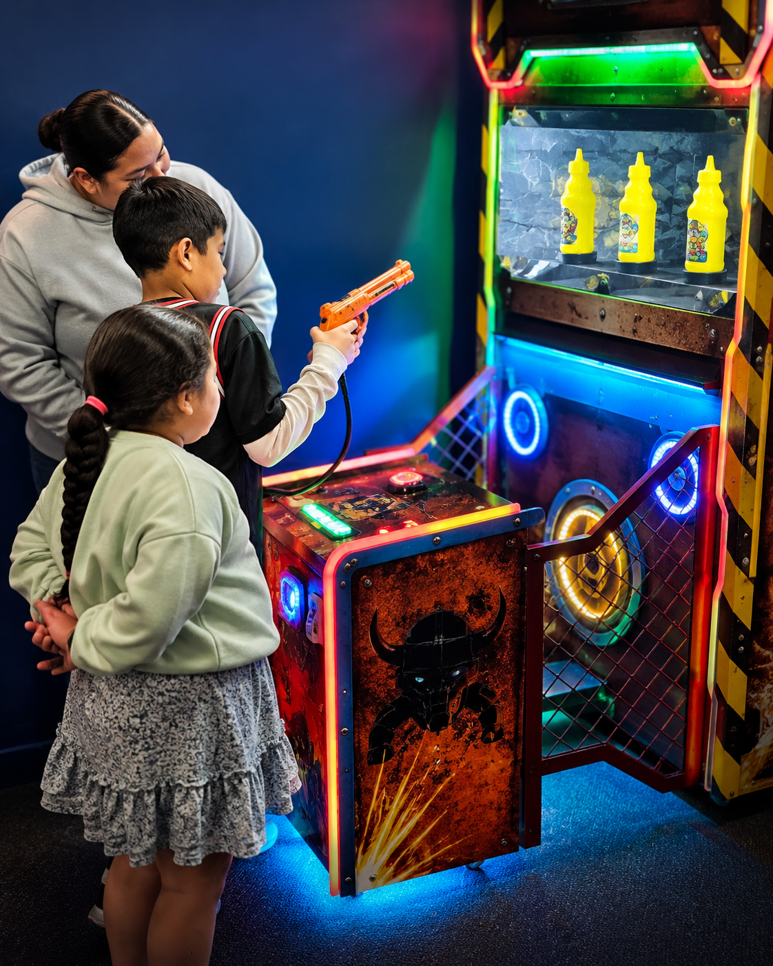 Children and parents playing an arcade game where they shoot with a laser gun at bottles on a shelf, surrounded by colorful neon lights. the game is called Fast Gunman and is located at DropBear HQ near Berwick