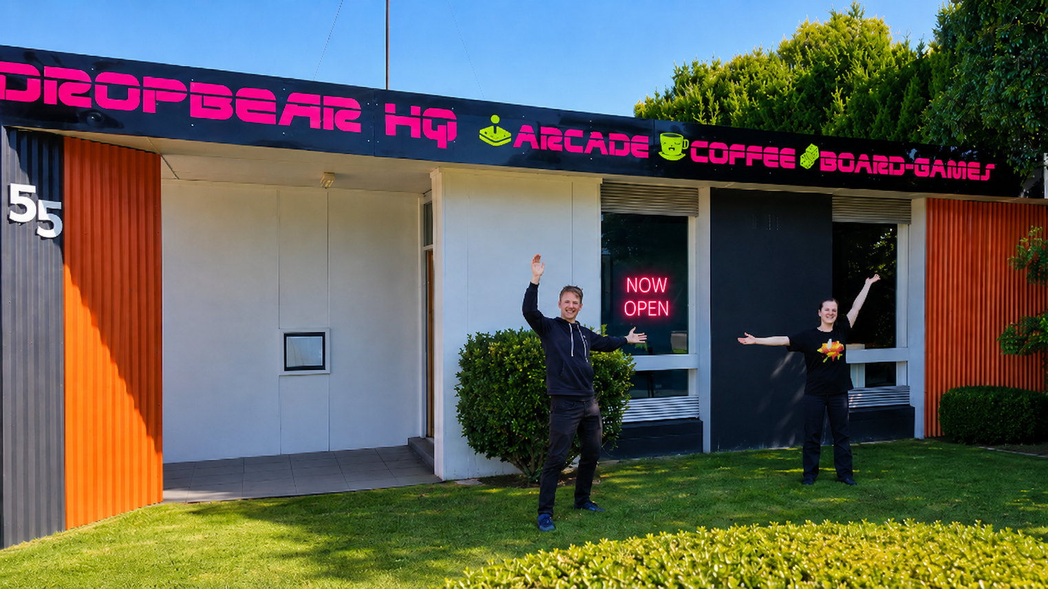 shop front at DropBear HQ in Pakenham Free-Play Arcade, Board Games , Pinball and cafe.  near Beaconsfield