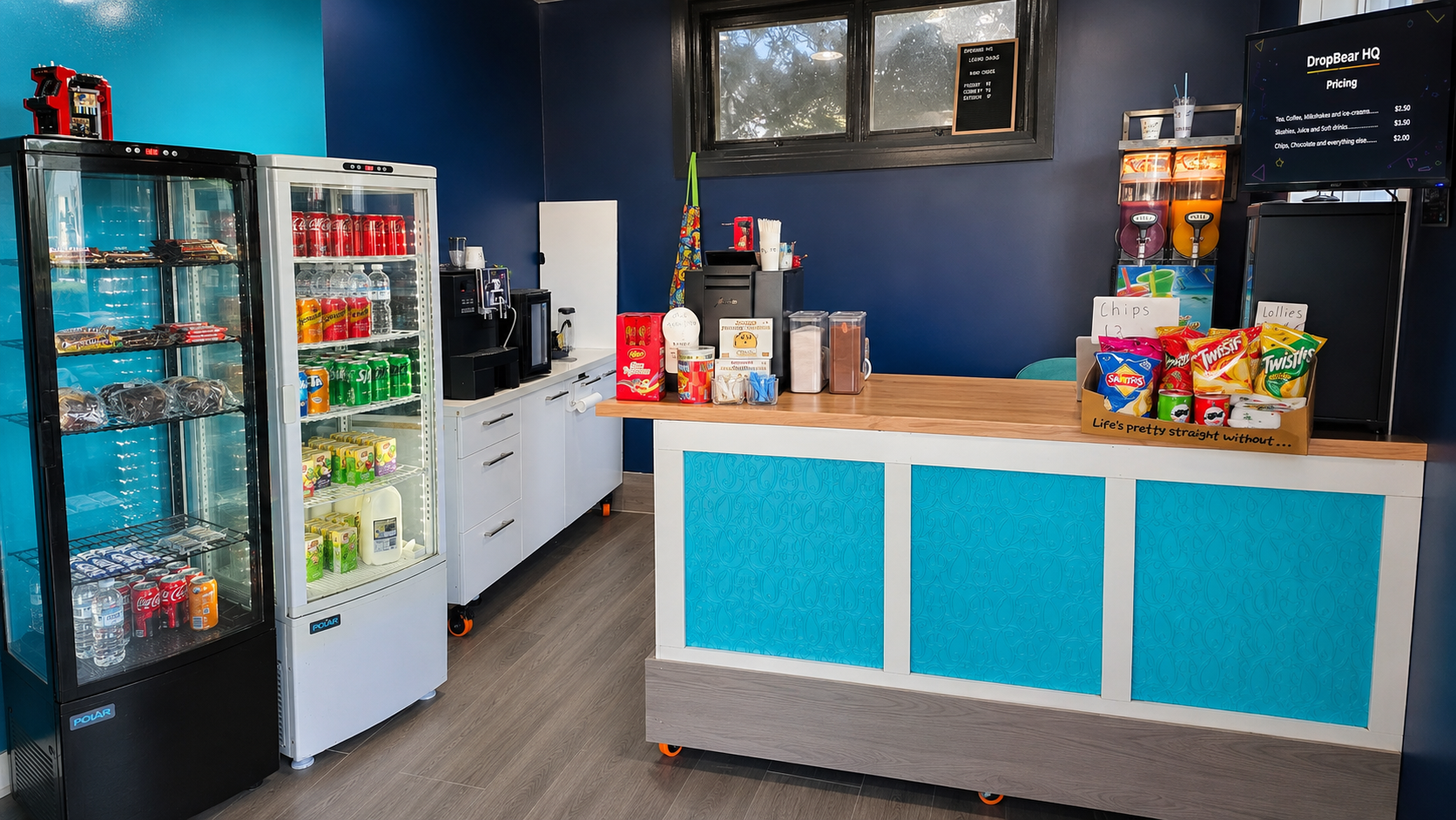 cafe counter with drink and food fridge at DropBear HQ Pakenham