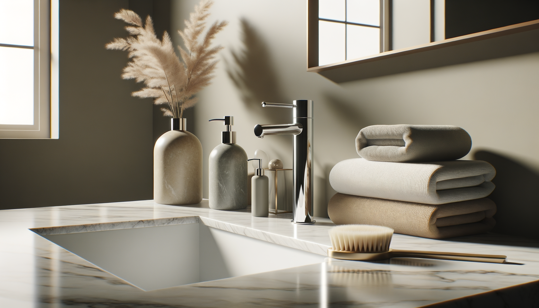 Bathroom sink area with stacked towels, folded in neutral tones, on a marble countertop next to soap dispensers, vases with pampas grass, and a shaving brush, illuminated by soft natural light from a nearby window.