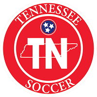 Tennessee Soccer logo featuring a red circular emblem with a white outline, the words 'TENNESSEE SOCCER' around the top and bottom, a white outline of the state of Tennessee, and 'TN' in the center with a small blue and white soccer ball at the top of the 'T'.