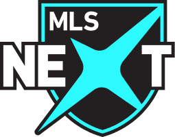 MLS Next logo featuring a blue stylized soccer ball and a check mark, with black and white text.