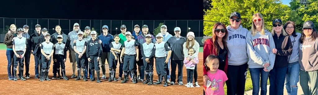 Two groups of people, a youth baseball team on the left standing on a baseball field at night, and a group of adults and children outdoors during daytime on the right.