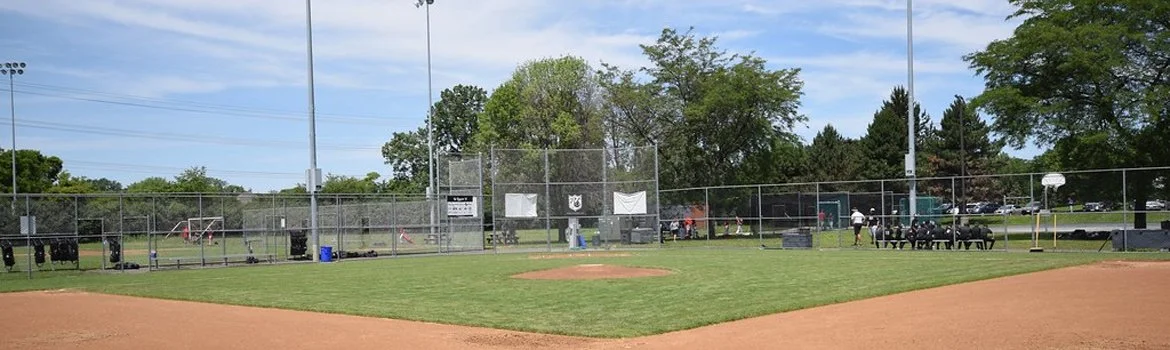 View of a baseball field with green grass, dirt infield, and fencing. There are trees and a parking lot in the background, with a few people near benches and equipment.