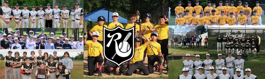 A collage of youth baseball teams and players in various uniforms, some posing with a coach or holding trophies, with the central image featuring a team wearing yellow shirts and a shield logo with an 'R' and 'U'.