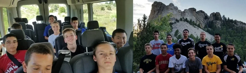 Group of children on a bus and in front of a mountain range