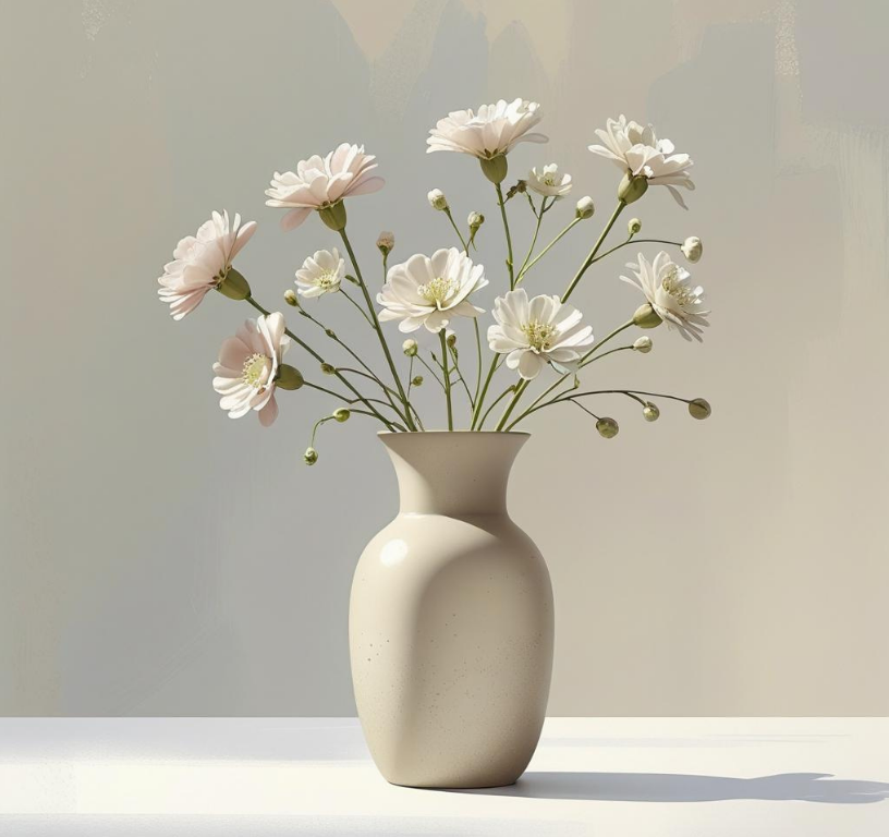 White vase with white flowers on a white surface against a neutral background. Basic Commercial Cleaning Services