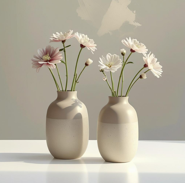 Two beige vases with white flowers placed on a white surface, against a plain wall background. Standard Commercial Office Cleaning Services