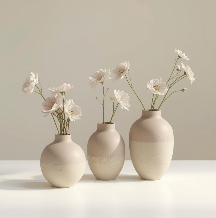 Three beige vases with white flowers on a white surface against a light beige wall.