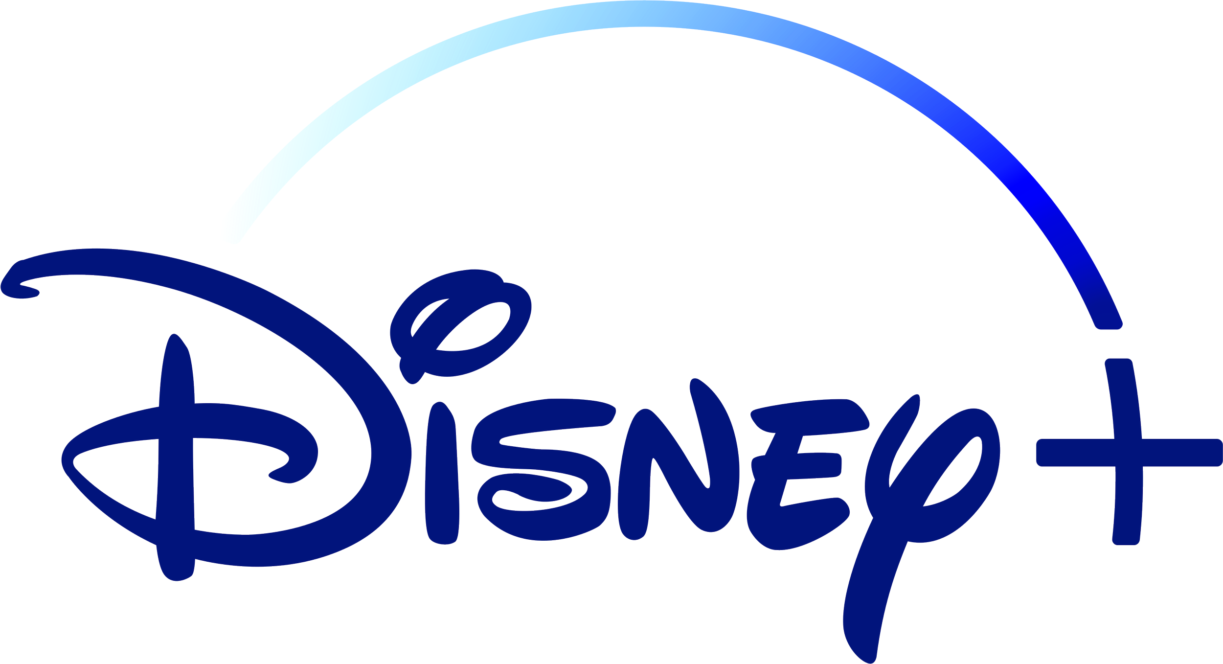 Disney logo with a blue outline and a rainbow arch behind it.