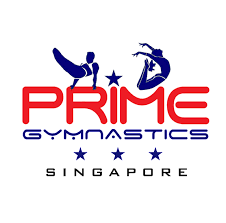 Logo of Prime Gymnastics Singapore featuring silhouettes of gymnasts performing flips and the gym's name.