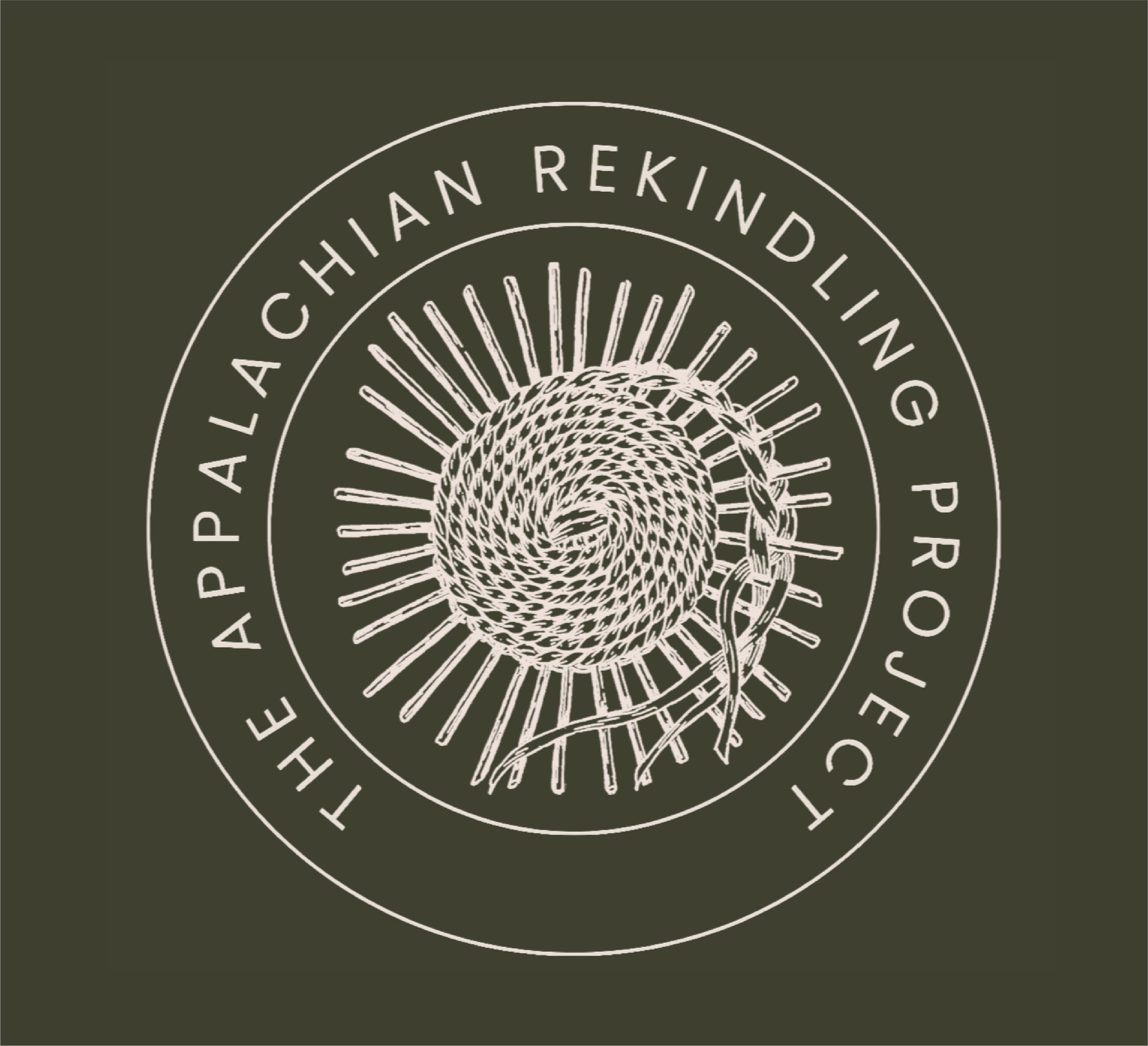 Circular emblem with a central spiral design made of interwoven lines, surrounded by radiating lines, and encircled by text that reads 'The Appalachian Reindling Project'.