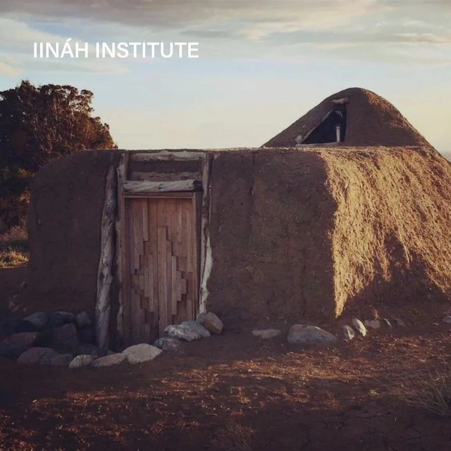 An adobe-style building with a wooden door, set against a landscape with trees and a sky during sunset.