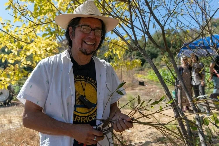 Man standing with native plants near a tree while wearing a hat
