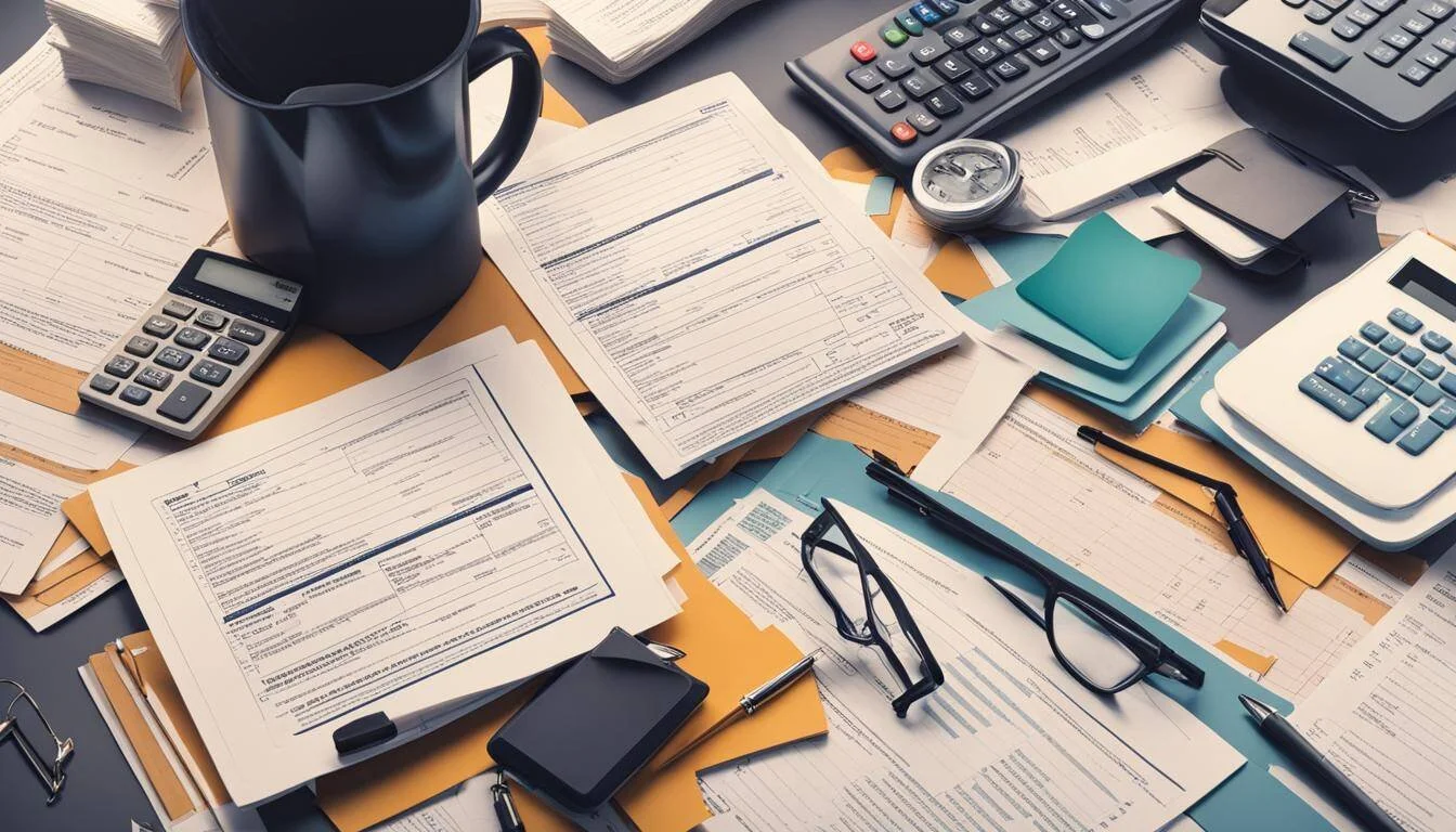 Cluttered desk with paperwork, calculators, pen, glasses, sticky notes, and a coffee mug.