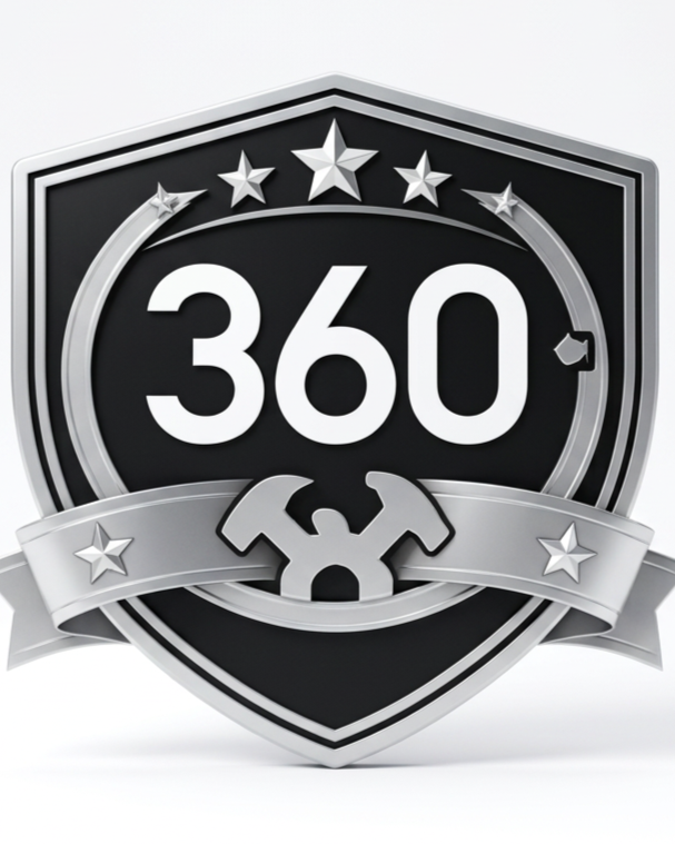 A black and silver shield-shaped badge with the number 360 in the center, stars at the top, and a wrench and hammer crossed at the bottom.