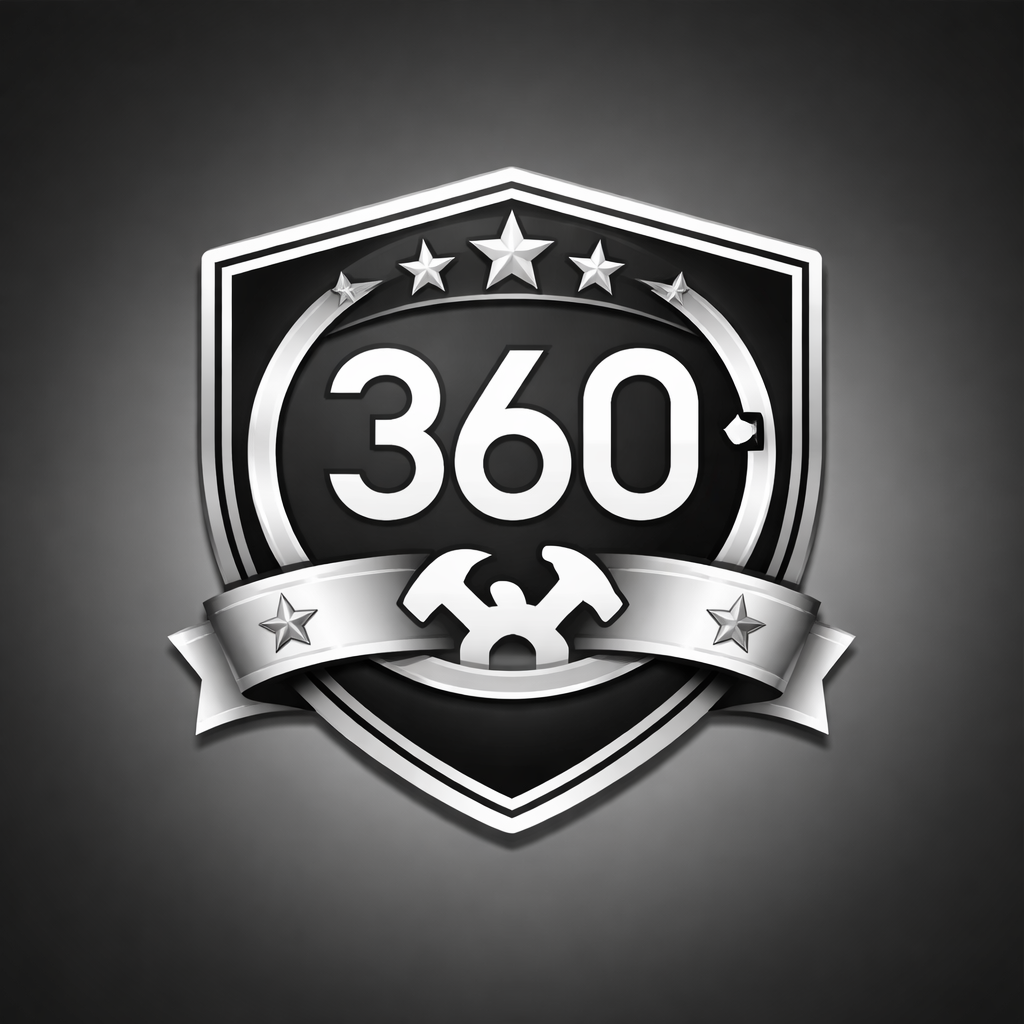 A black and white chrome shield logo with the number 360 in the center, surrounded by five stars on top and a ribbon with three stars below. The logo has a metallic finish on a dark background.