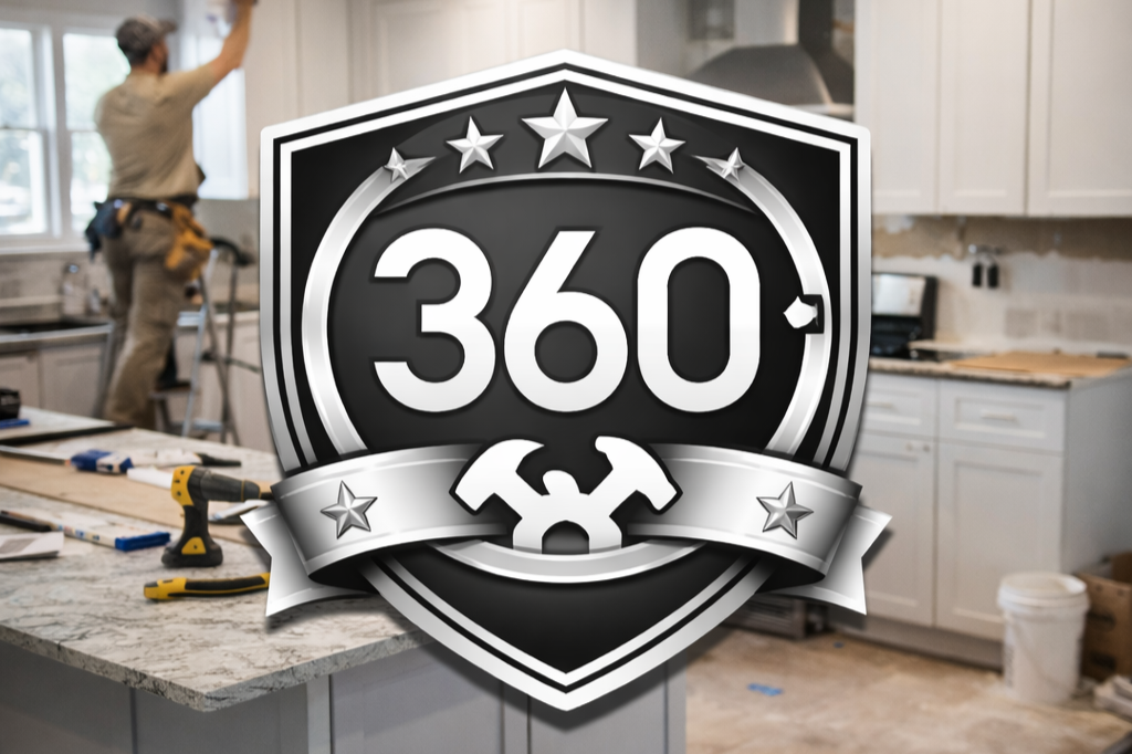 A person working on a kitchen renovation, standing on a step stool, with various tools on a countertop in a partially finished kitchen, overlaid with a shield logo that reads '360' with stars and a wrench symbol.