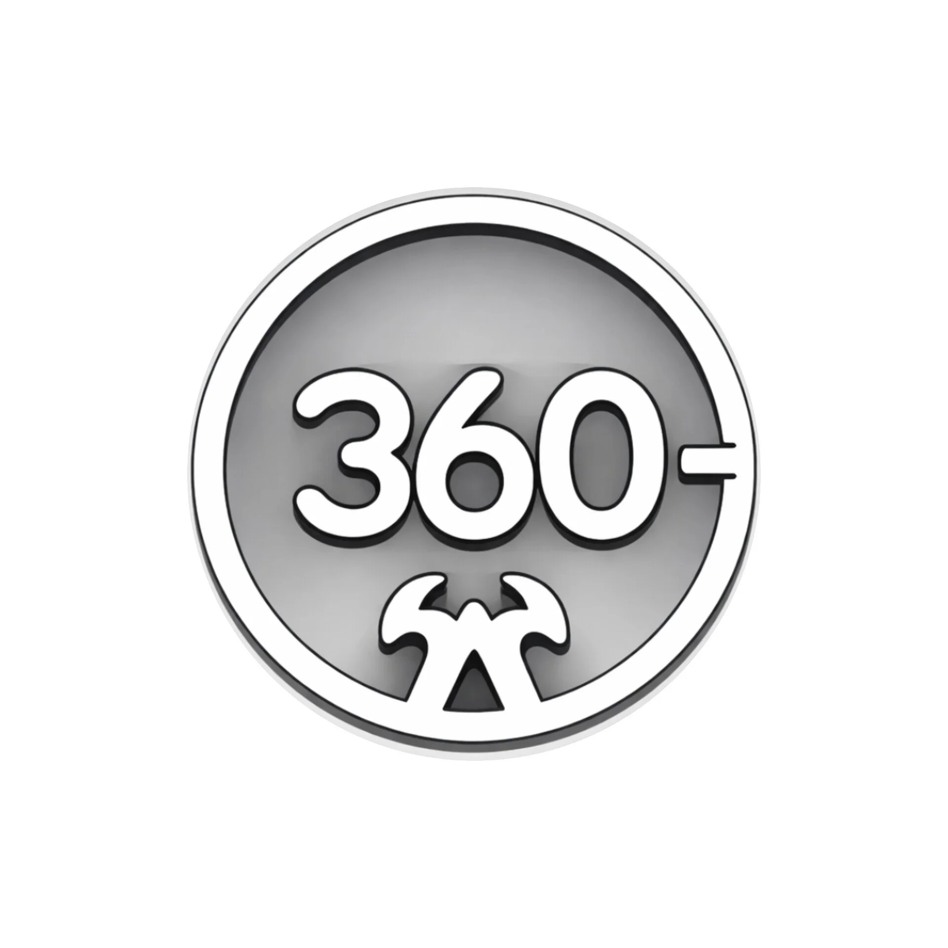 A circular 360-degree camera lens with a gray gradient background and a white outer rim, featuring bold black and white text reading '360' in the center.