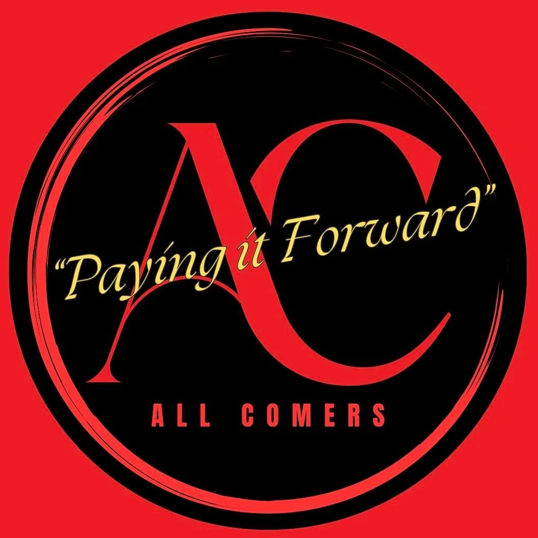 A red and black circular logo with the text "Paying it Forward" and "All Comers". The large letter "A" and "C" are prominent in the center of the logo, with the phrase "Paying it Forward" overlaying the letters.