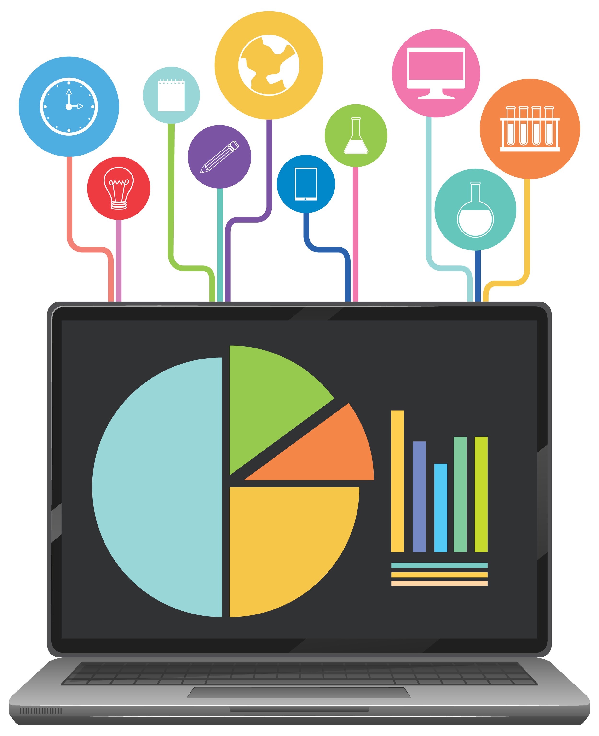 Laptop displaying a pie chart and bar graph with various colorful icons above representing technology and science.