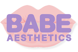 Logo with a pink background, purple text saying 'BABE AESTHETICS' and a small heart symbol