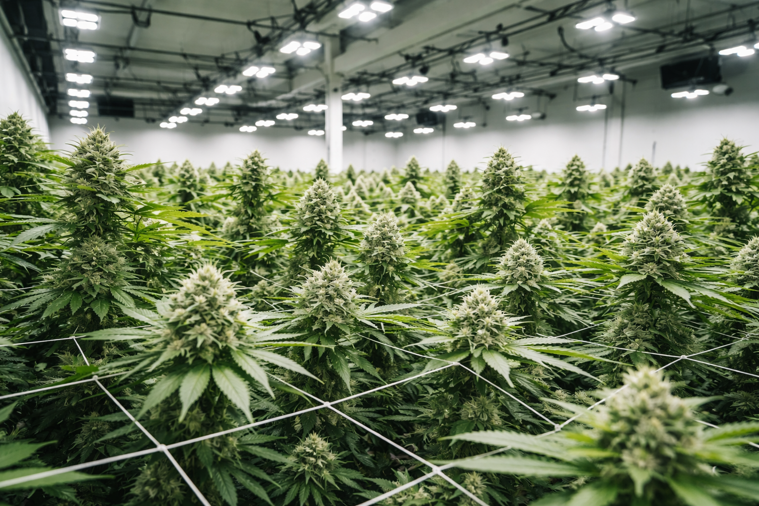 Indoor cannabis cultivation with rows of flowering cannabis plants under overhead LED grow lights.