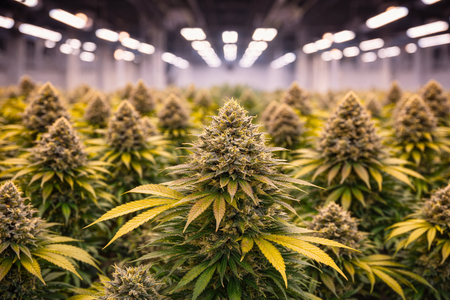 Indoor cannabis cultivation with multiple flowering cannabis plants under grow lights.