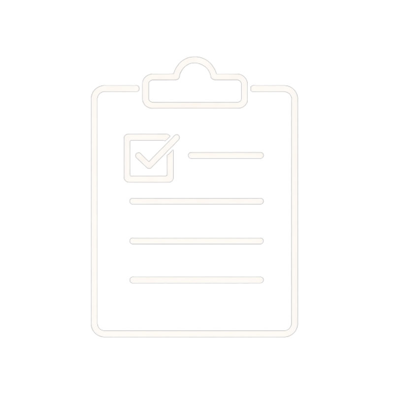 Icon of a clipboard with a checklist, featuring a large check mark in a box at the top.