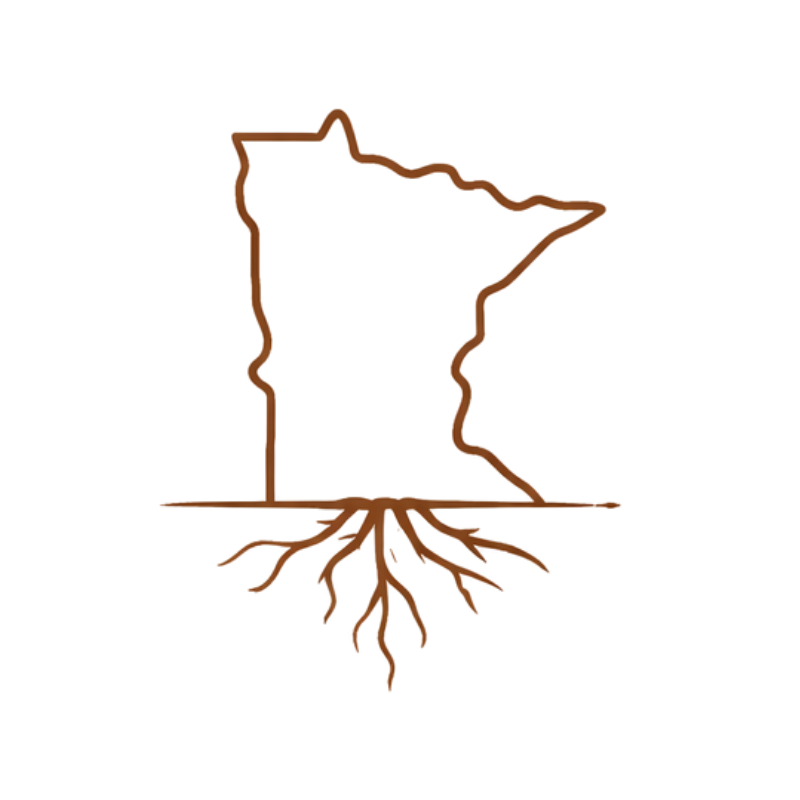 Outline of the state of Minnesota with tree roots growing from the bottom.